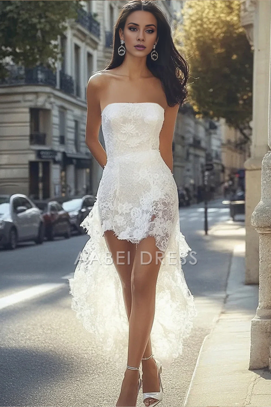 AABEI DRESS Hot Sale Homecoming Dress Fashion Lace Strapless High-Low Boho short Graduation Dress