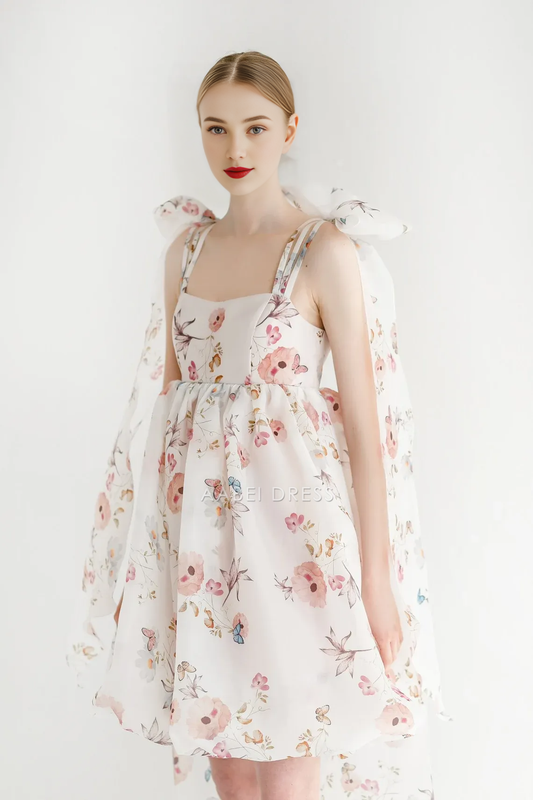 AABEI DRESS Party Dress A-line Spaghetti Strap Off Shoulder Removable Bow Short Flower Prom Dress