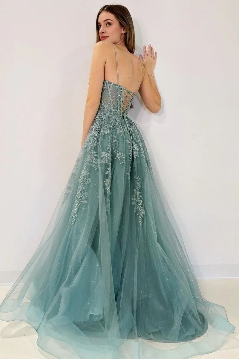 Sparkle Blue Tulle A-Line Spaghetti Strap Sweetheart Neckline Lace Appliques Lace-Up Backless Exquisite Wedding Guest Dress Long Hot Sale Prom Dresses