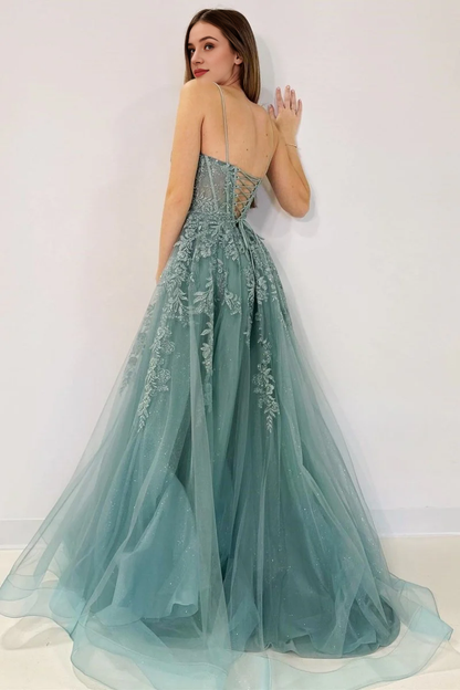 Sparkle Blue Tulle A-Line Spaghetti Strap Sweetheart Neckline Lace Appliques Lace-Up Backless Exquisite Wedding Guest Dress Long Hot Sale Prom Dresses