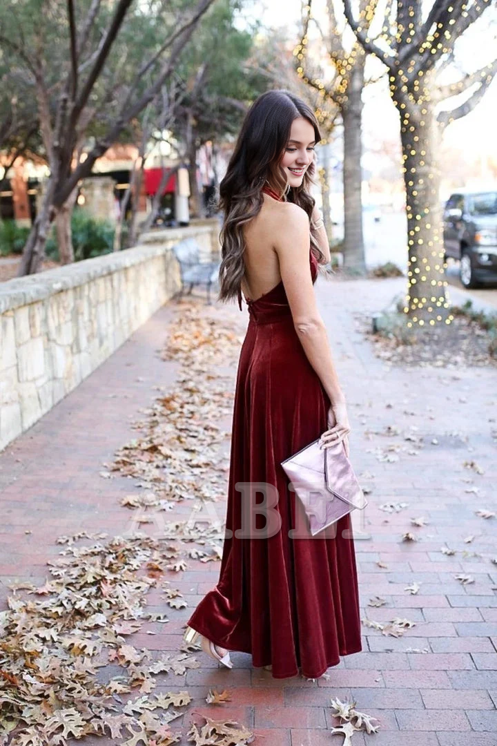 Evening Dress A-Line Deep V Neck Halter Backless Burgundy Velvet Long Bridesmaid Dresses Elegant Prom Gown Formal Women's Dresses