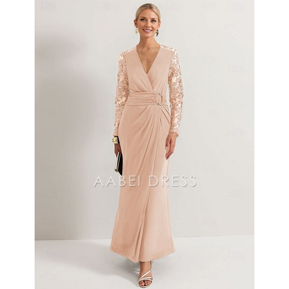 AABEI DRESS Wedding Guest Dress Elegant Sheath V Neck Ankle Length Long Sleeve with Lace Pleats Mother of the Bride Dress
