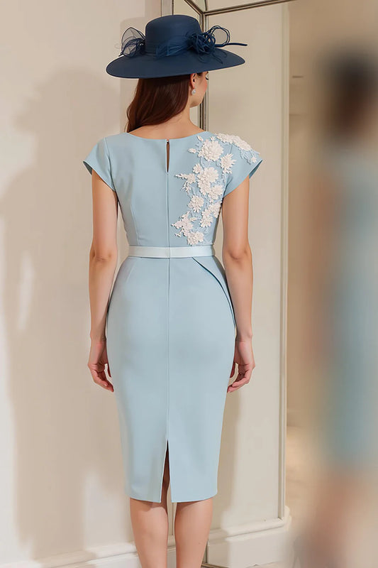 Light Blue Elegant Bodycon Boat Neck Cap Sleeve Waist Cincher with Slit Floral Retro Wedding Guest Dress For Women New Style Mother of the Bride Dress