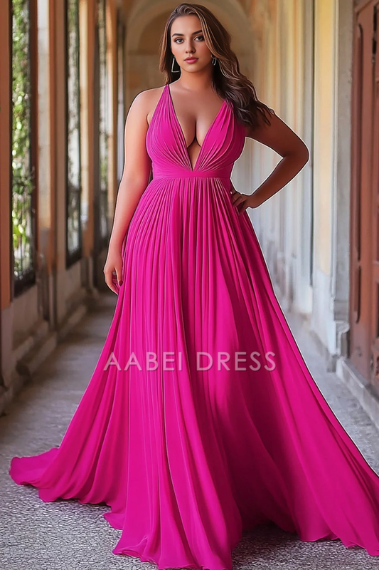 AABEI DRESS Hot Sale Prom Dress A Line Deep V-Neck Pleated Sexy Charming Long Formal Dress