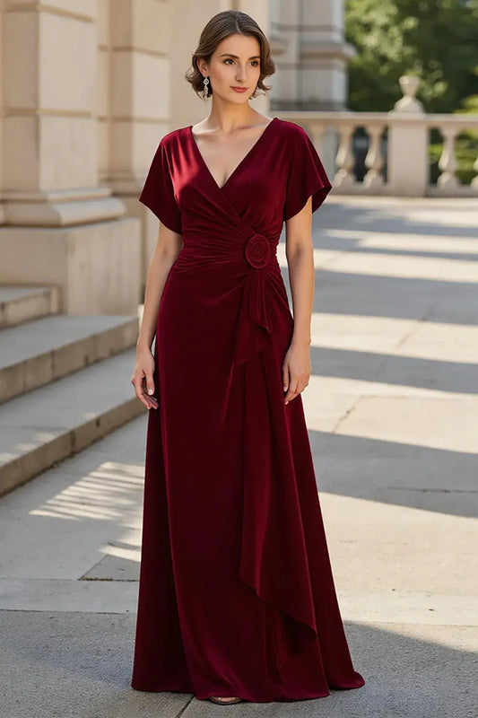 Wedding Guest Dress Burgundy A Line V-Neck Pleated Floral Decoration with Short Sleeves V Back Elegant Hot Sale Long Mother of the Bride Dress