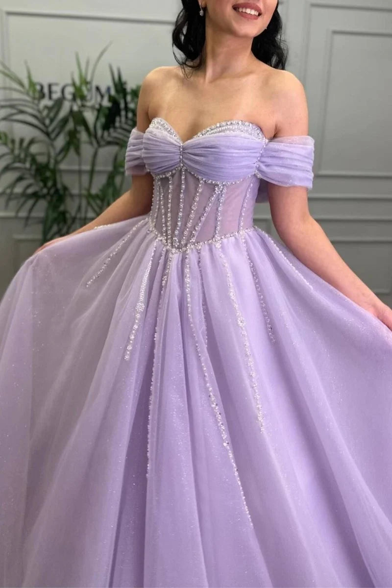 Lavender Tulle Gorgeous A-Line Off Shoulder Sweetheart Neckline Beaded Romantic Wedding Guest Dress Long Hot Sale Prom Dresses