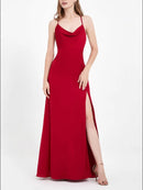 AABEI DRESS A-Line Cowl Neck Spaghetti Straps Lace up Back Satin Split fork Long Simple Dress Floor-Length Evening Dress