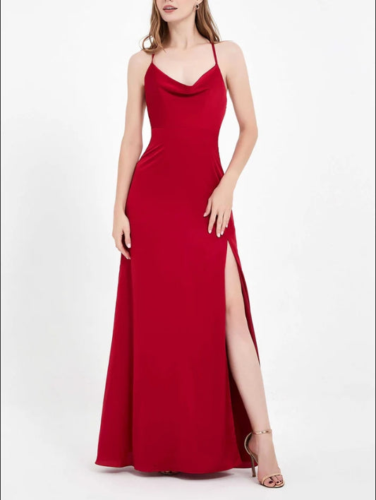 AABEI DRESS A-Line Cowl Neck Spaghetti Straps Lace up Back Satin Split fork Long Simple Dress Floor-Length Evening Dress