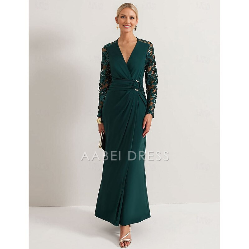 AABEI DRESS Wedding Guest Dress Elegant Sheath V Neck Ankle Length Long Sleeve with Lace Pleats Mother of the Bride Dress