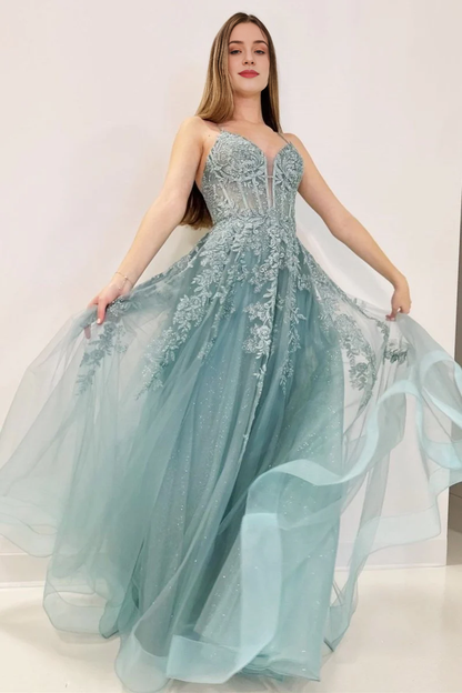 Sparkle Blue Tulle A-Line Spaghetti Strap Sweetheart Neckline Lace Appliques Lace-Up Backless Exquisite Wedding Guest Dress Long Hot Sale Prom Dresses
