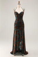 Vintage Prom Dress Dark Green Jacquard Sheath Spaghetti Strap Sweetheart Neckline Sleeveless Pleated with Slit Backless Bargain Long Wedding Guest Dress