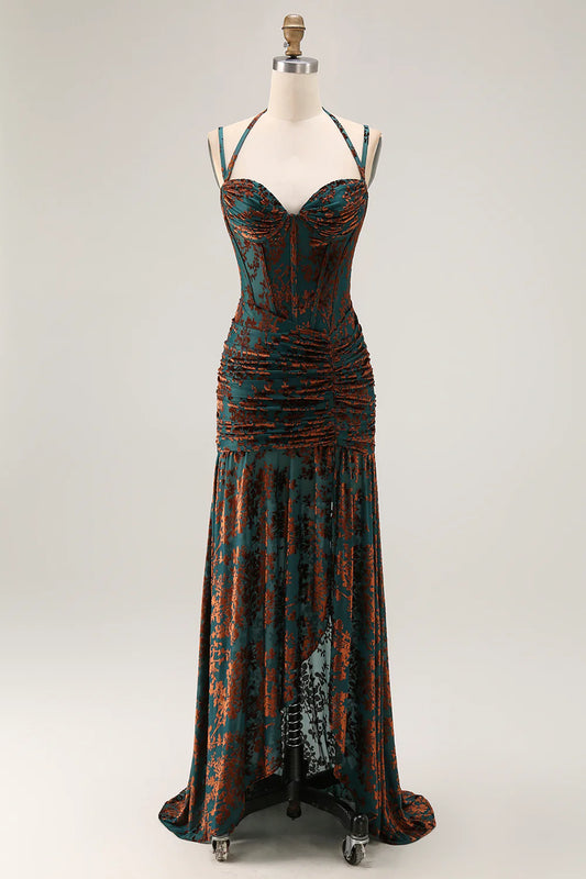 Vintage Prom Dress Dark Green Jacquard Sheath Spaghetti Strap Sweetheart Neckline Sleeveless Pleated with Slit Backless Bargain Long Wedding Guest Dress