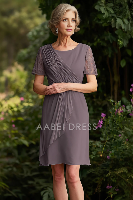 AABEI DRESS Mother Of The Bride Dress Ruched Short Skirt Chiffon Lace Short Sleeve Retro Formal Wear Dresse