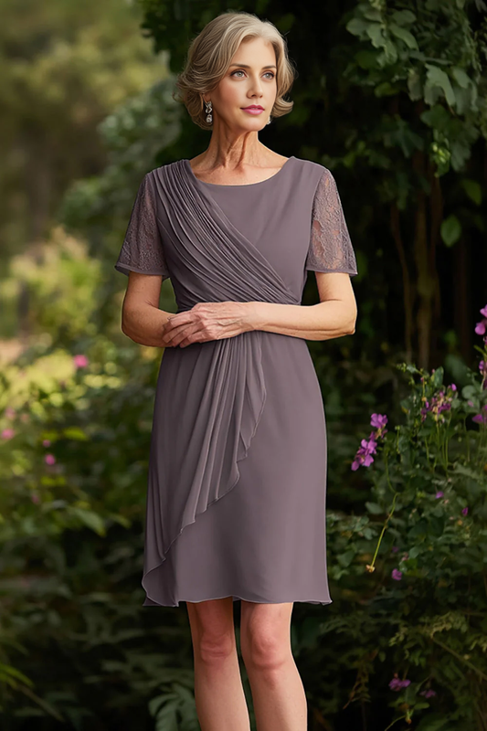AABEI DRESS Mother Of The Bride Dress Ruched Short Skirt Chiffon Lace Short Sleeve Retro Formal Wear Dresse