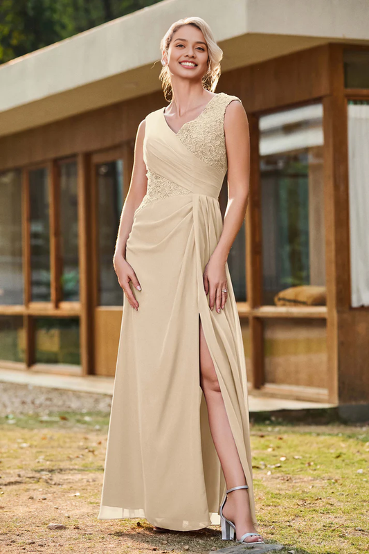 AABEI DRESS Mother of the Bride Dresses V-neck Pleated Lace Chiffon Long Dress With Slit Elegant Formal Dress Wedding Guests Dresses