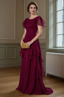 Wedding Guest Dress Fashion Burgundy Chiffon A Line Round Neck Short Sleeve Tiers Ruffles Exquisite Hot Sale Long Mother of the Bride Dress