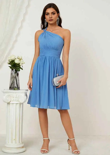 Classic Blue Chiffon A-line One-Shoulder Sleeveless Pleated Backless Affordable Knee-Length Bridesmaid Dress