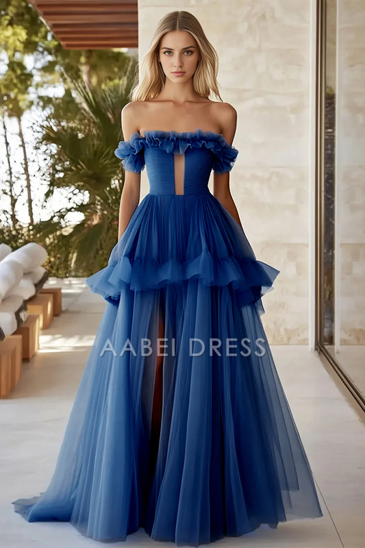 AABEI DRESS Hot Sale Prom Dress Fashion A Line Keyhole Long Fantastic Tulle Formal Dress With Slit Formal Dress