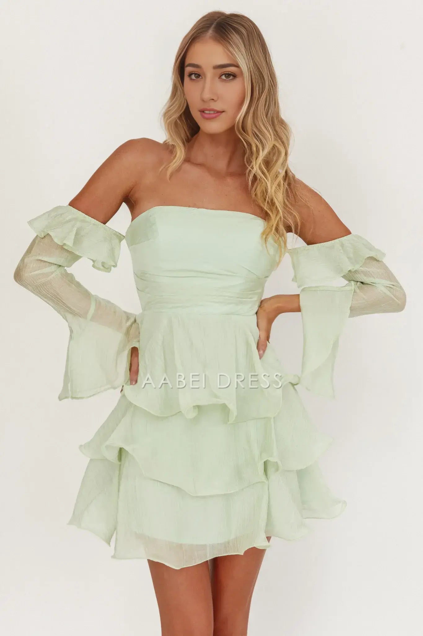 A Line Off-Shoulder Long Sleeves Layered Ruched Sage Exquisite Mini Dress Hot Sale Homecoming Dress