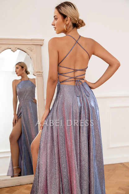 AABEI DRESS Hot Sale Prom Dress Fashion A Line Halter Backless Side Fork Sparkle Long Party Dress