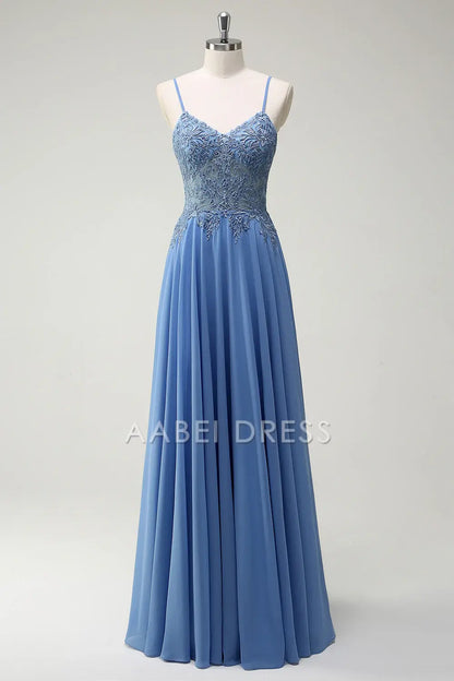 AABEI DRESS Hot Sale Prom Dress A Line Spaghetti Straps Pleated Appliques Fashion Long Party Dress