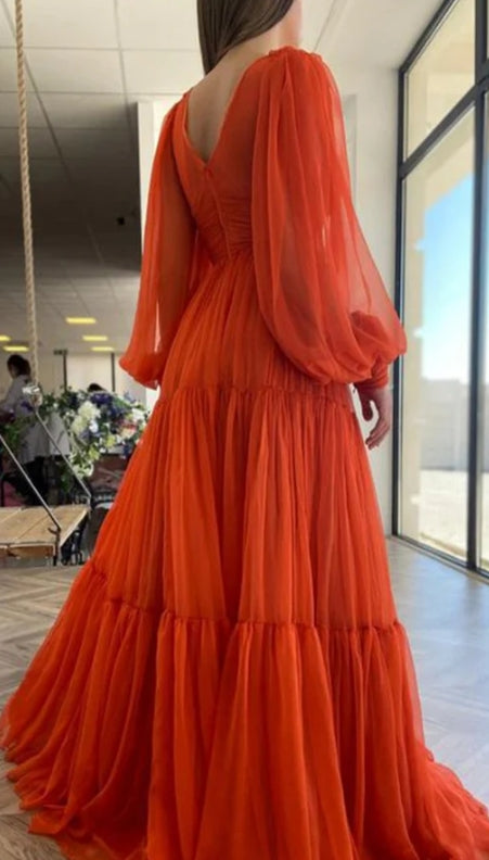 A-Line/Princess Sweep/Brush Train V-neck Long Sleeves 30D Chiffon Ruffles Dresses