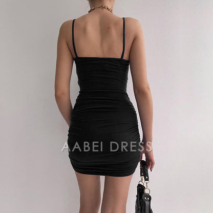 AABEI DRESS New Homecoming Dress Sexy Spaghetti Strap Bodycon Dress Backless Folds Wrap Hip Dresses Female Causal Streetwear Slim Dress