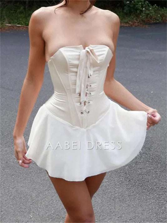 AABEI DRESS New Homecoming Dress Criss-cross Bandage Strapless Pleated Mini Dress Party Club Vintage Sexy Fairy Dresses