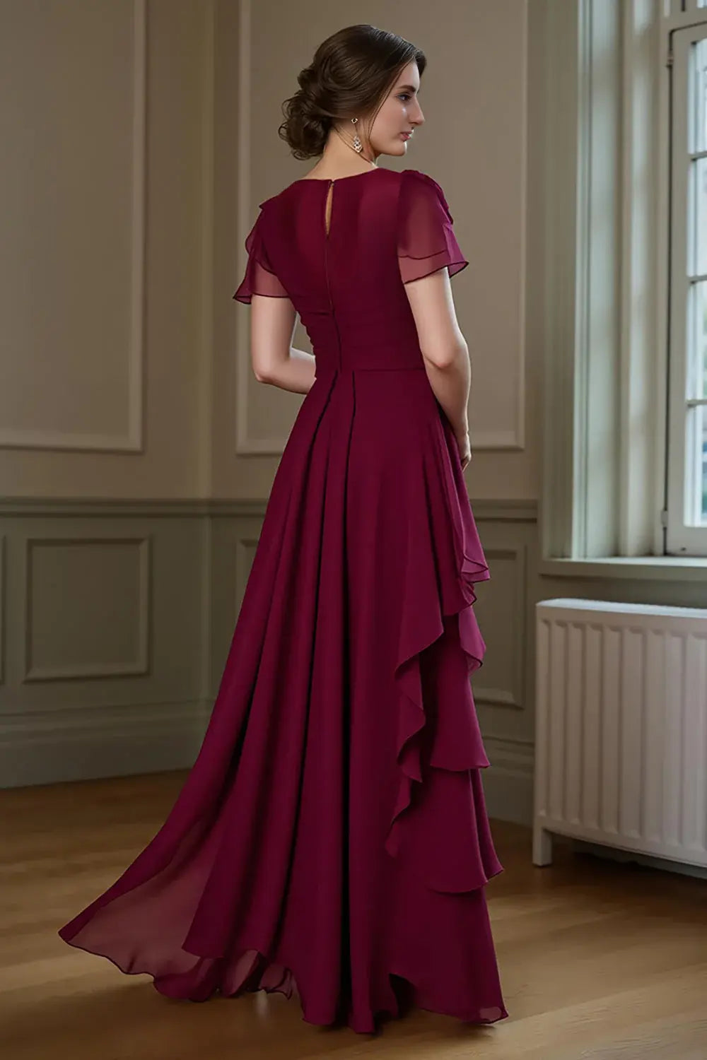 Wedding Guest Dress Fashion Burgundy Chiffon A Line Round Neck Short Sleeve Tiers Ruffles Exquisite Hot Sale Long Mother of the Bride Dress