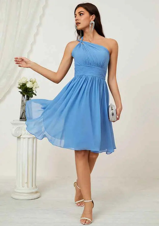 Classic Blue Chiffon A-line One-Shoulder Sleeveless Pleated Backless Affordable Knee-Length Bridesmaid Dress