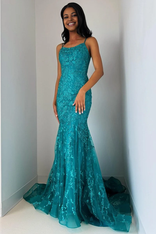 Turquoise Charming Mermaid Spaghetti Strap Lace Appliques Lace-Up Backless Retro Exquisite Wedding Guest Dress Long Hot Sale Prom Dresses
