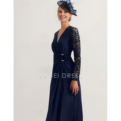 AABEI DRESS Wedding Guest Dress Elegant Sheath V Neck Ankle Length Long Sleeve with Lace Pleats Mother of the Bride Dress