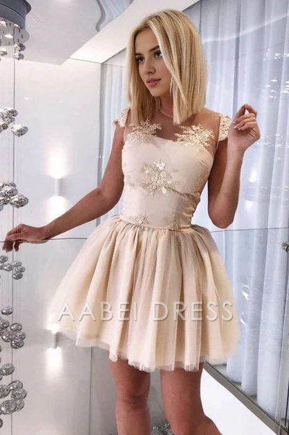 AABEI DRESS New Homecoming Dress A-Line Sheer Neck Cap Sleeves Open Back with Appliques Cute Short Prom Dress