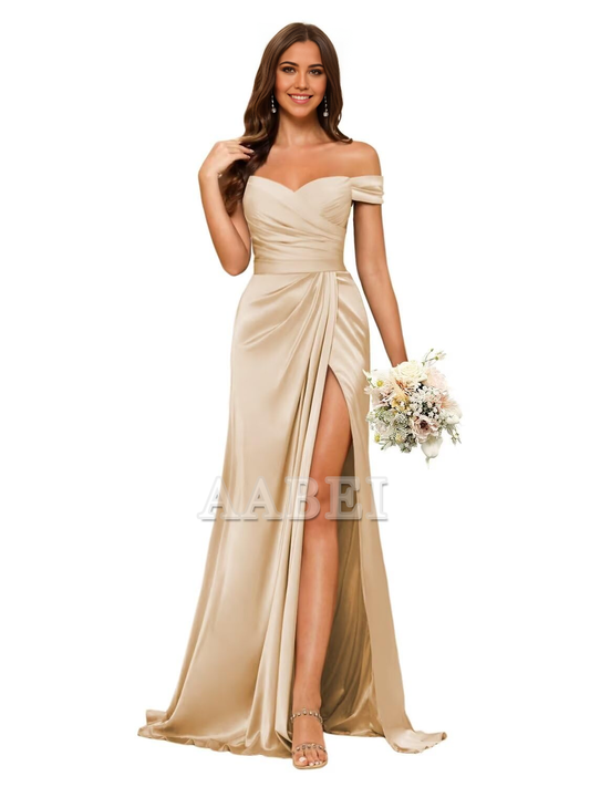 Bridesmaid Dresses Elegant Off Shoulder Mermaid Side Fork Long Ruched Satin Wedding Guest Dresses