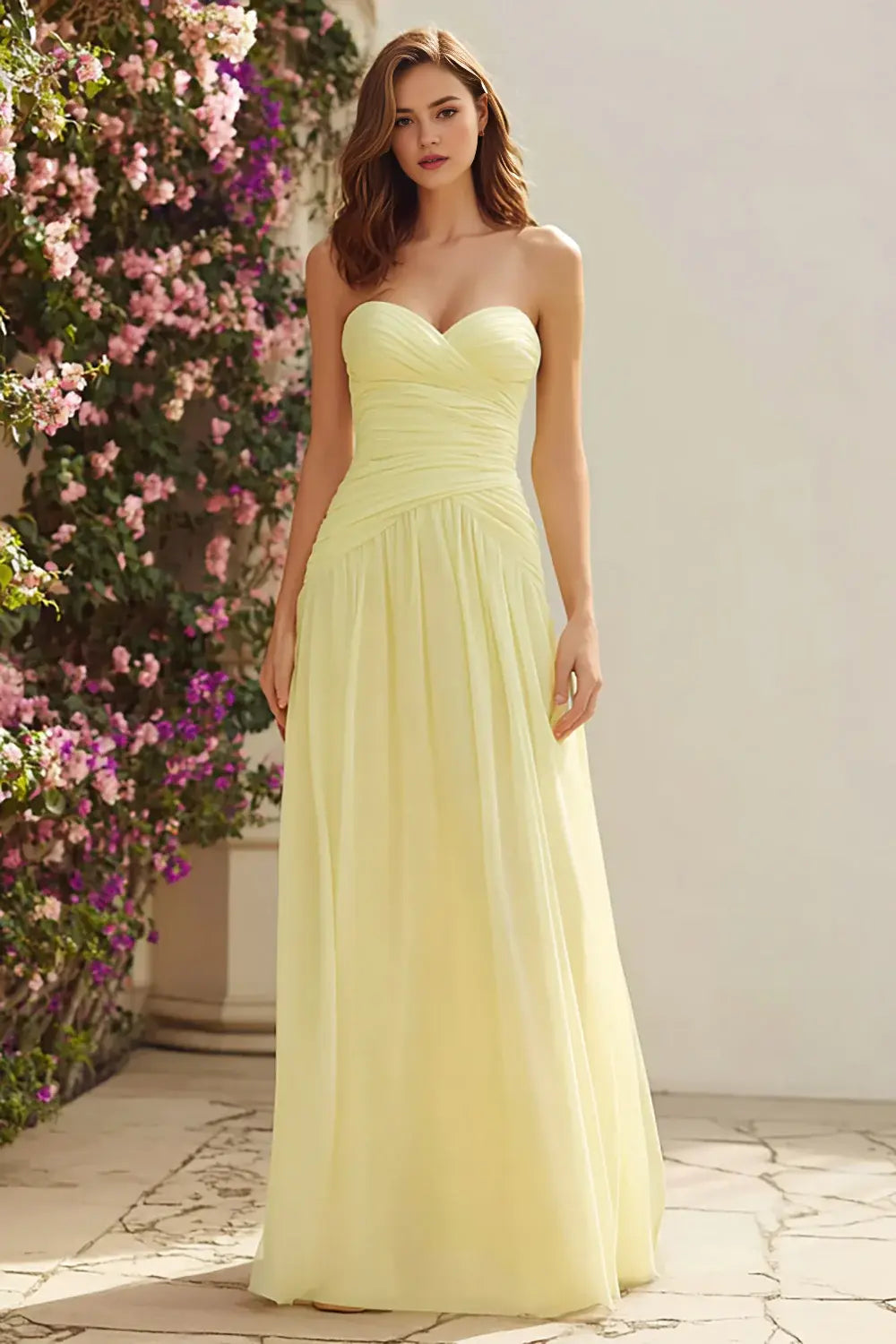 Elegant Prom Dress Light Yellow A Line Strapless Sweetheart Neckline Pleated Sleeveless Backless Bargain Long Wedding Guest Dress