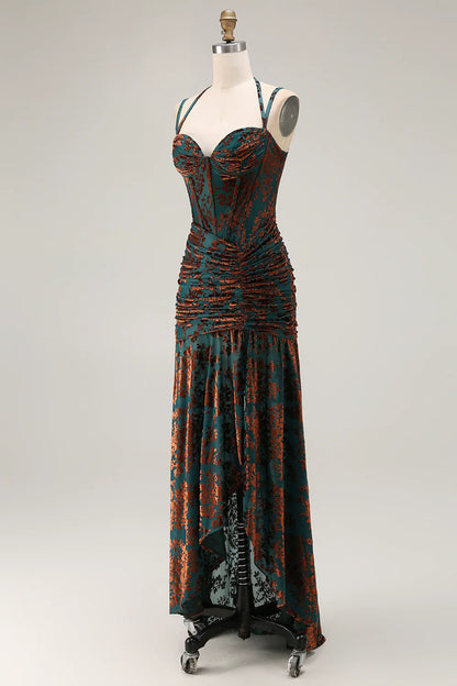 Vintage Prom Dress Dark Green Jacquard Sheath Spaghetti Strap Sweetheart Neckline Sleeveless Pleated with Slit Backless Bargain Long Wedding Guest Dress