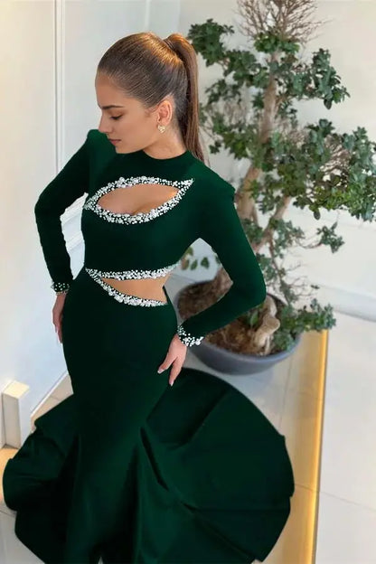 Amazing Black Mermaid Formal Women's Dresses High Neck Long Sleeves Cutout With Beadings Long Affordable Prom Dress