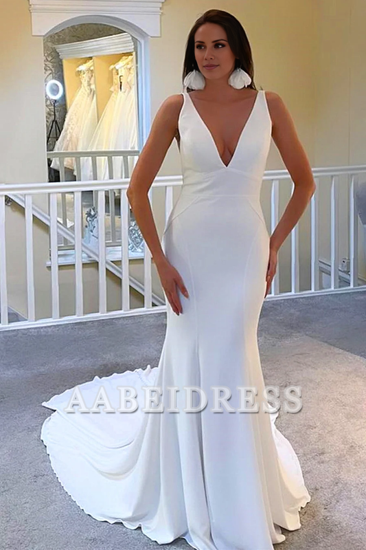 AABEI DRESS Elegant Simple Wedding Dress Plunge V Open Back Mermaid Long Charming Formal Dresses