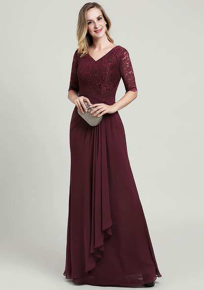 Vintage Elegant Simple Wedding Guest Dresses Burgundy Chiffon Lace A-line V Neck Half Sleeve Pleated With Tiers Ruffles Floor-Length Bargain Mother of the Bride Dress
