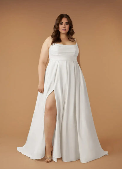 Elegant Simple White A-Line Spaghetti Strap Scoop Pleated Crepe Back Side Fork Backless Plus Size Hot Sale Wedding Dress