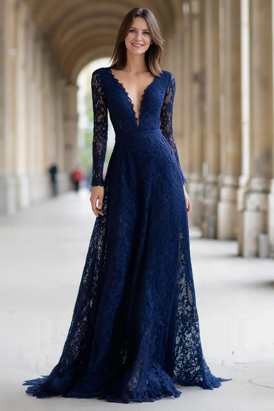 Elegant Navy A-Line Deep V-Neck Long Sleeves Backless Lace Fashion Long Wedding Guest Dress For Women Hot Sale Mother of the Bride Dress