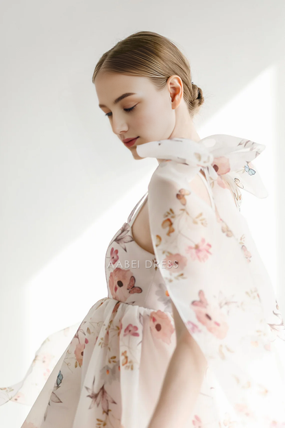 AABEI DRESS Party Dress A-line Spaghetti Strap Off Shoulder Removable Bow Short Flower Prom Dress