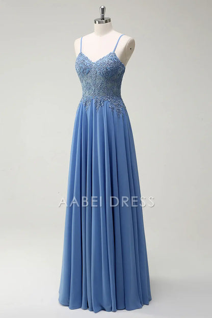 AABEI DRESS Hot Sale Prom Dress A Line Spaghetti Straps Pleated Appliques Fashion Long Party Dress