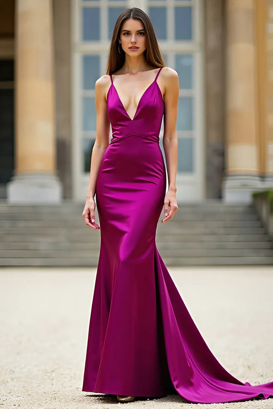 Dark Purple Fashion Party Dress Mermaid Spaghetti Straps Deep V Neck Backless Elegant Simple Long Hot Sale Prom Dresses