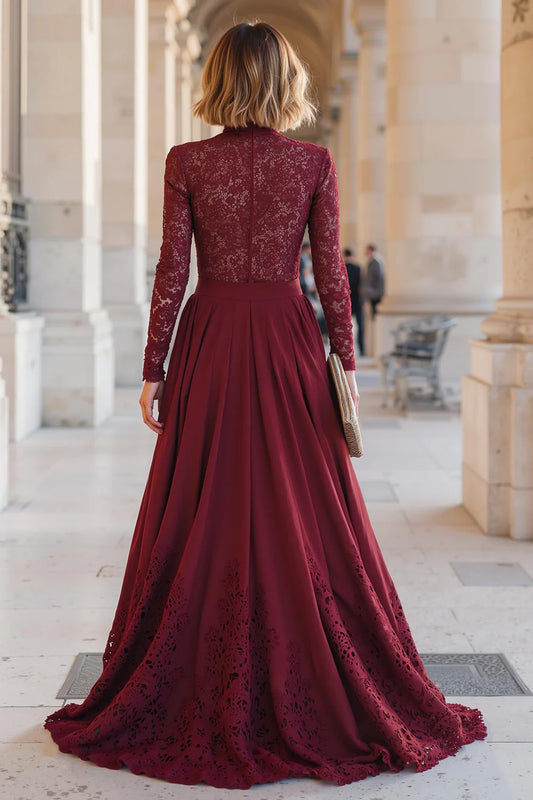 Elegant Burgundy Chiffon A-Line High Neck Long Sleeves Lace Retro Long Wedding Guest Dress For Women New Style Mother of the Bride Dress