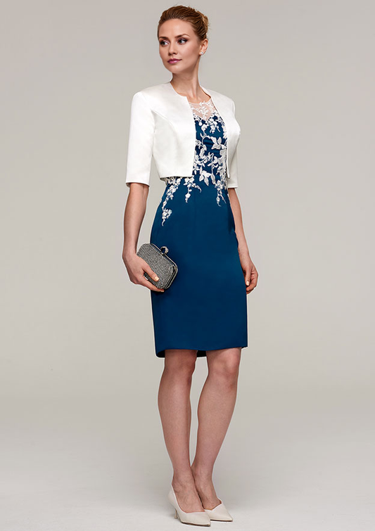 Dark Navy Crepe Sheath/column Illusion Neck Back Zip Knee-Length Dress