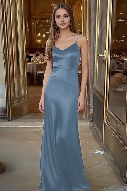 Coffee Simple Sheath Satin Spaghetti Straps V Neck Sleeveless Long Formal Dress Hot Sale Evening Dresses