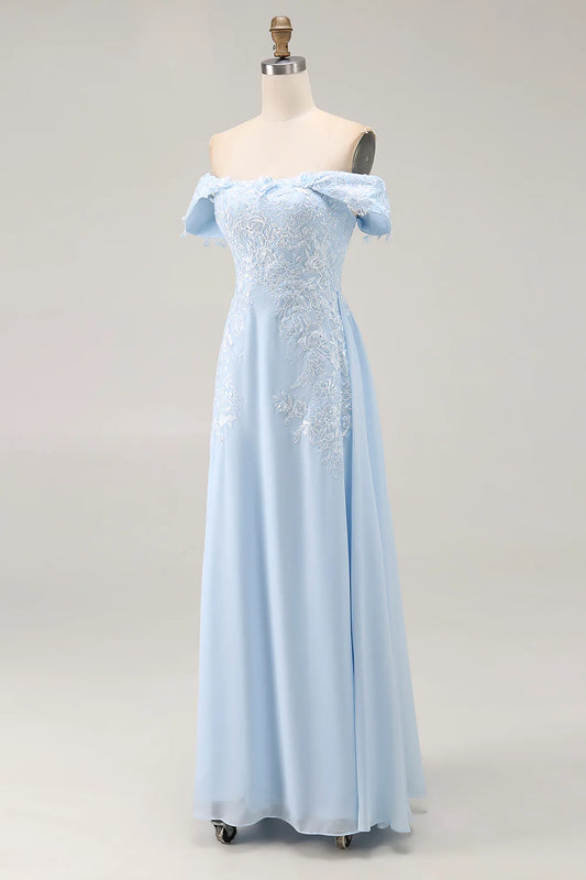 Sky Blue Chiffon A Line Off the Shoulder Lace Appliqued Backless Long Wedding Guest Dress For Women New Style Mother of the Bride Dress