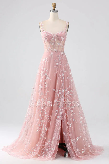 AABEI DRESS Hot Sale Prom Dress Exquisite A Line Spaghetti Straps Romantic Floral Corset Long With Slit Formal Dress