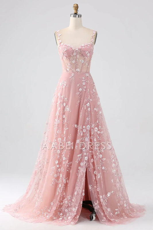 AABEI DRESS Hot Sale Prom Dress Exquisite A Line Spaghetti Straps Romantic Floral Corset Long With Slit Formal Dress